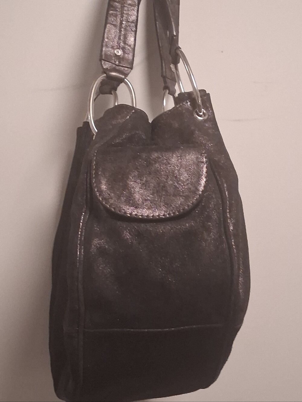 Vintage Y2K Juicy Couture Black Metallic Shimmer Leather Shoulder Bag Hobo - Picture 5 of 10